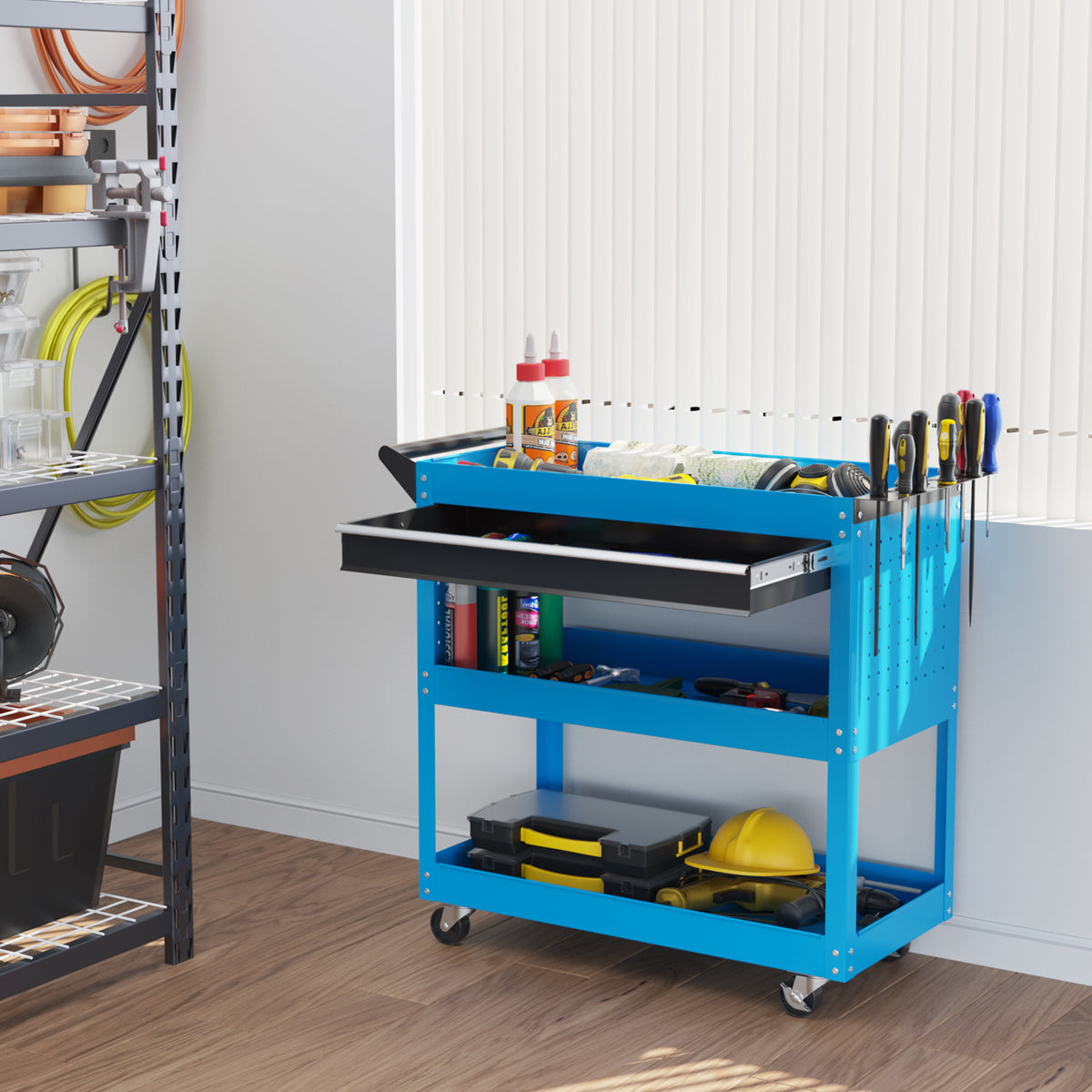Werkzeugkoffer Werkzeugtrolley Werkzeugbox, 3 Ebenen, 4 Rollen, 82 cm x 35 cm x 76 cm, Blau