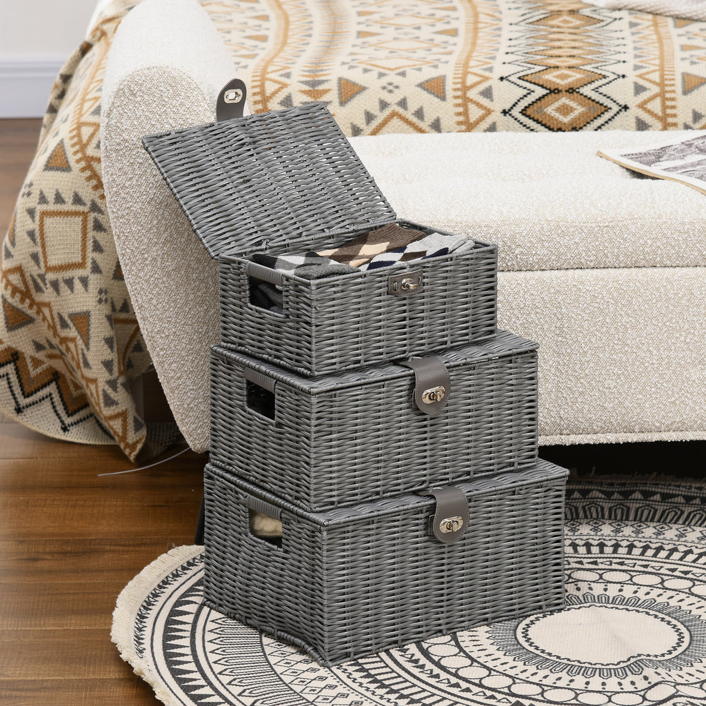3er-Set Aufbewahrungskörbe aus PE- Rattan, mit Verschluss, Tragegriffen, 35,5 cm x 28,5 cm x 18 cm, Grau