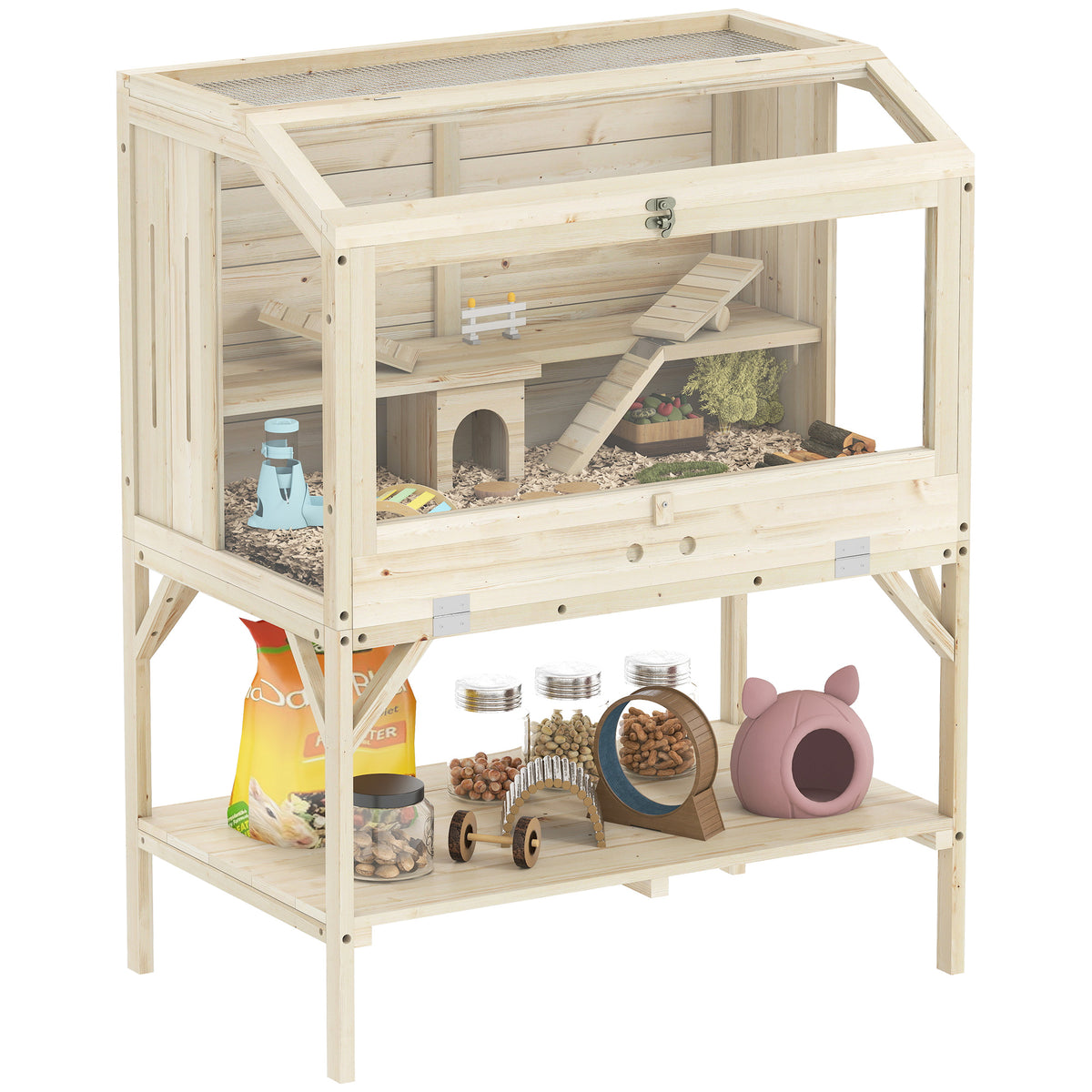 Hamsterkäfig, 2 Ebenen, Kleintierkäfig mit Aufbewahrungsfach, Zubehör, 84 x 53 x 110 cm, Naturholz