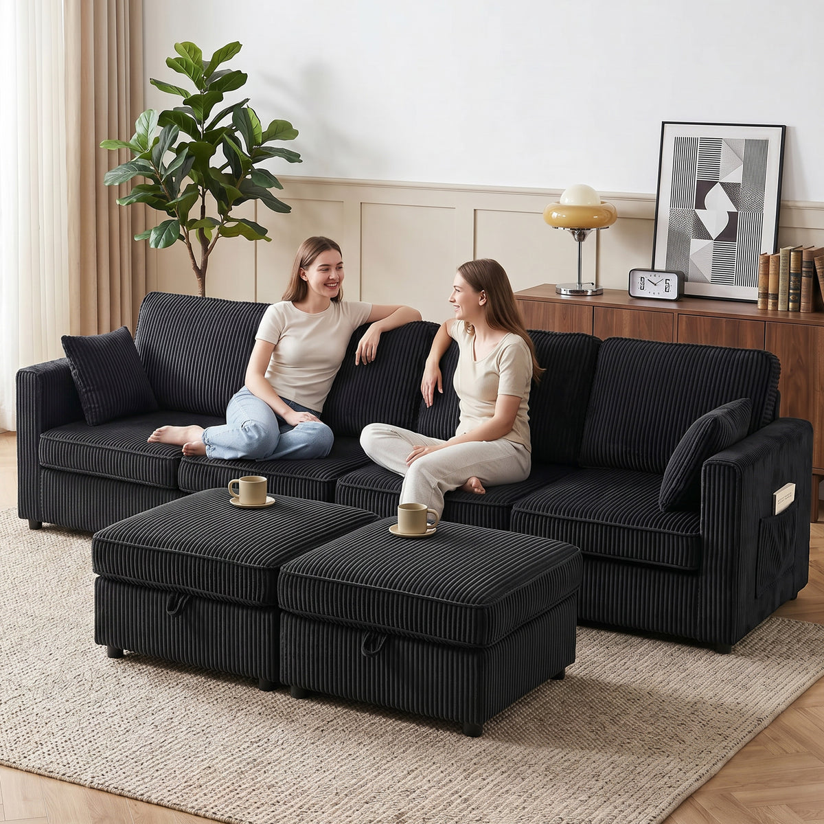 Ecksofa 4-Sitzer U-Form Sofa mit Stauraum-Ottomane, 306 cm Eckcouch mit Cord-Optik, 4 Kissen, für Wohnzimmer
