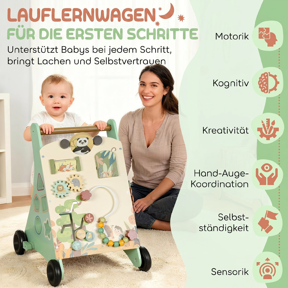 Lauflernwagen Holz Montessori Lauflernhilfe Xylophon Grün