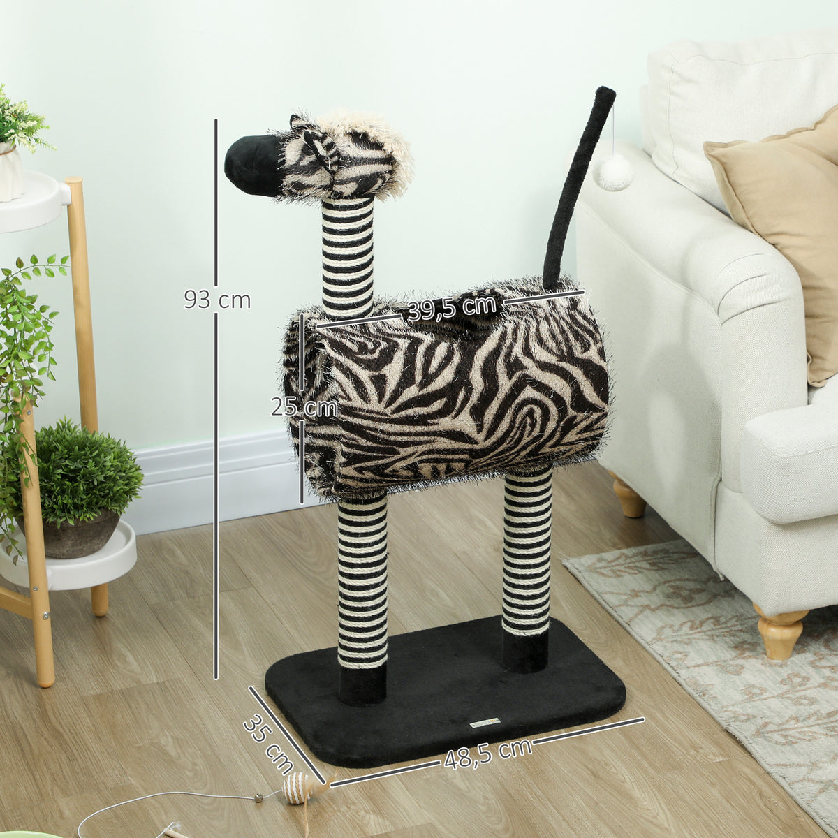Kratzbaum im Zebra-Design, 1 Katzentunnel, 3 Kratzstämme 48,5 cm x 35 cm x 93 cm, Schwarz + Weiß
