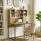 Computertisch mit 4 Schubladen und Regalen, Schreibtisch 105 cm, Naturholz