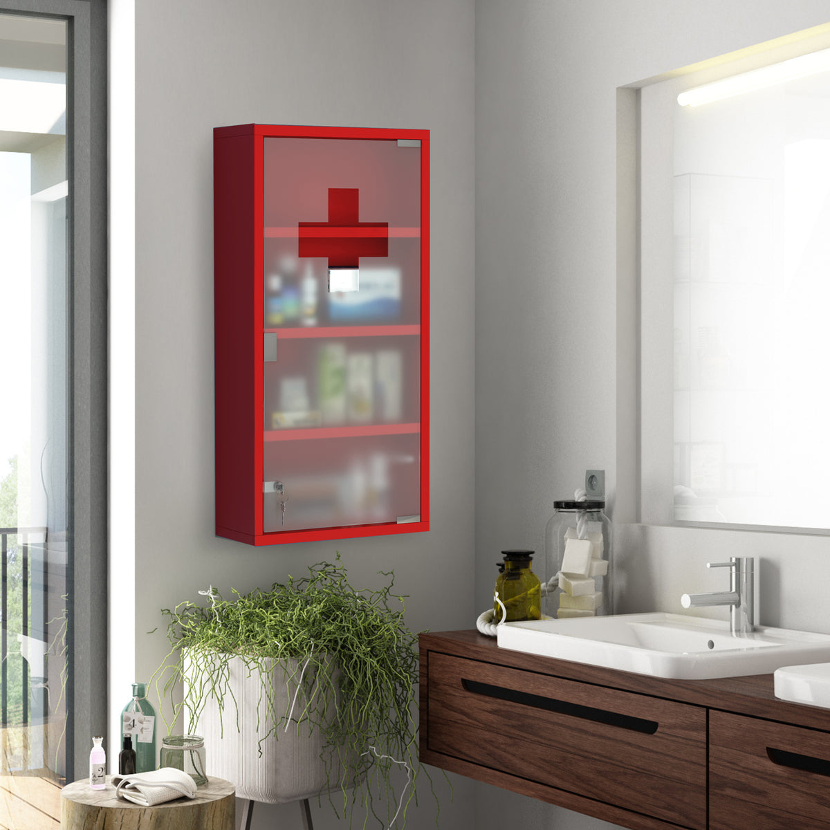 Red Steel wall mounted Medicine Cabinet with 3 shelves + Security Glass Door Lockable 60 cm(H)