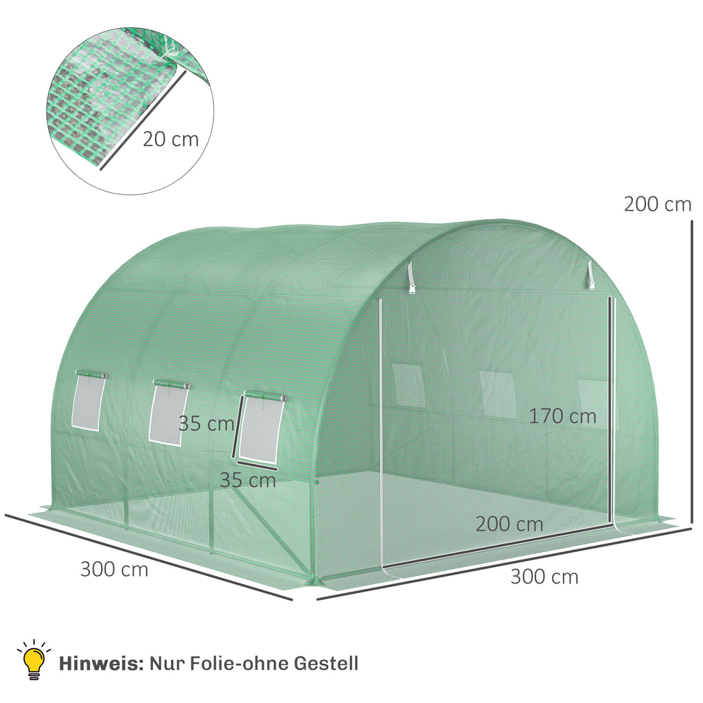 Ersatzfolie für 3x3x2 m Gewächshaus, robust, reißfest, 6 Fenster, Tür, NUR Folie Grün