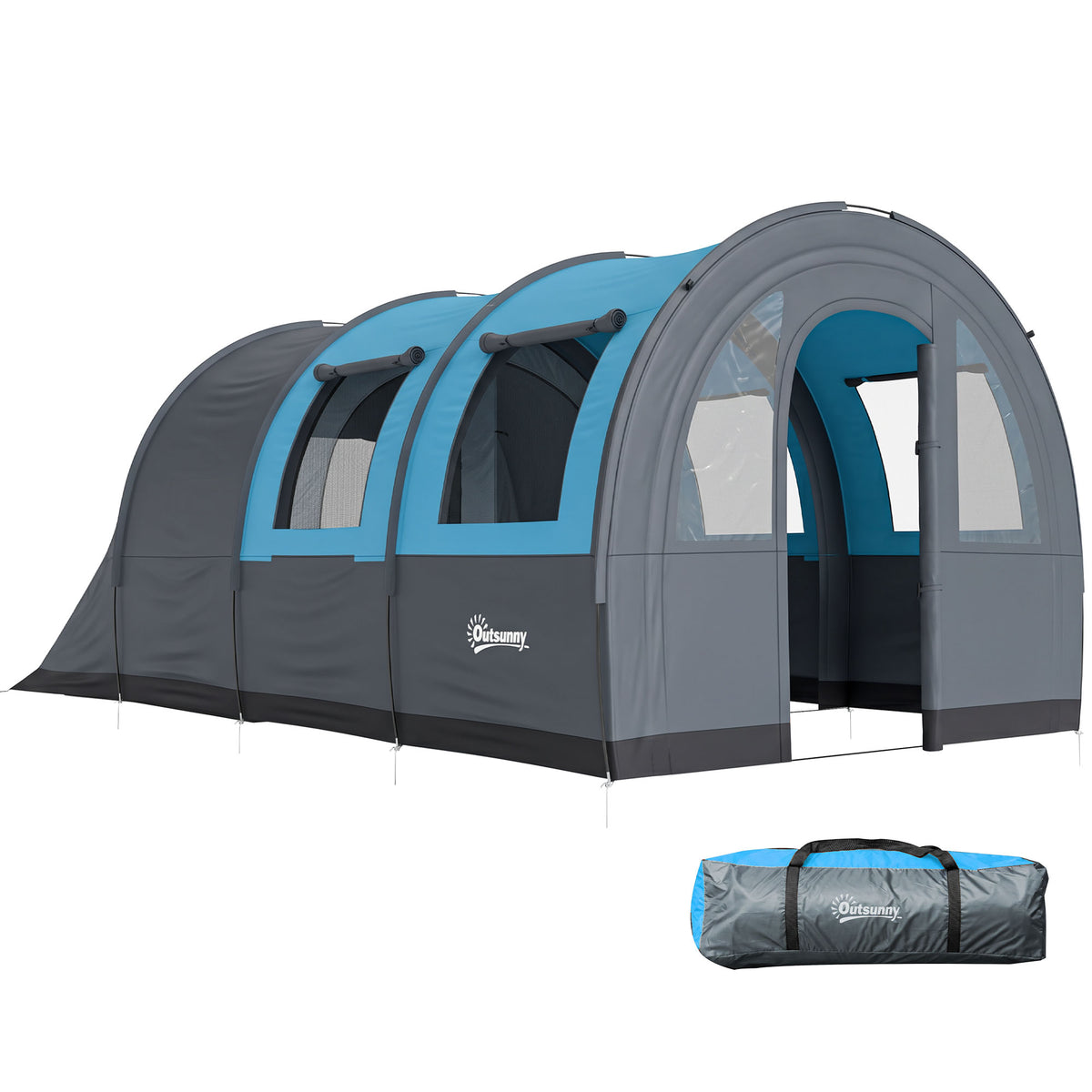 Three Man Duo Room Tunnel Tent, with Accessories - Grey/Blue