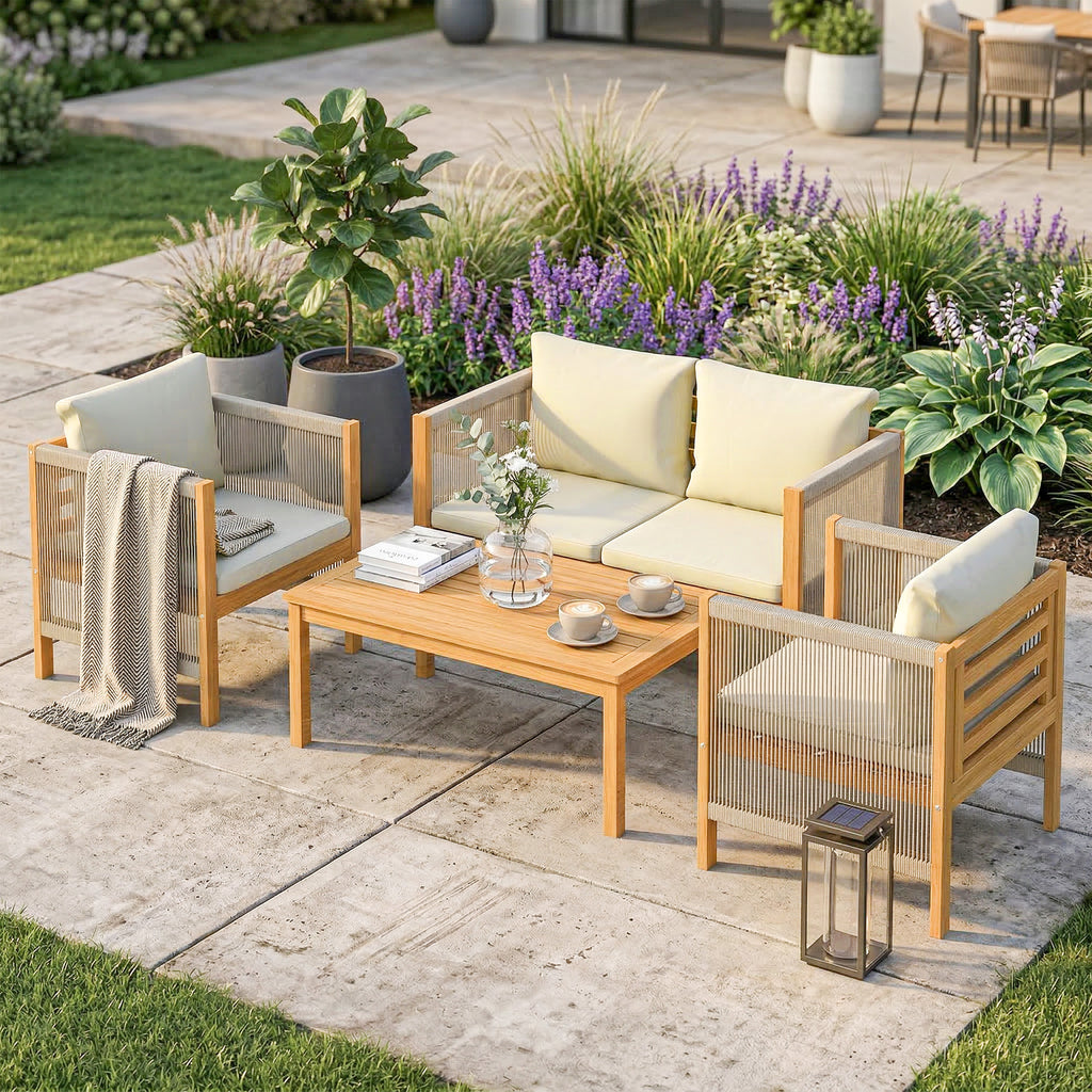 Gartenmöbel Set Holz Sitzgruppe für 4 Personen mit 2er Sofa 2 Sessel Tisch Seilflecht Lamellendesign waschbar Kissen