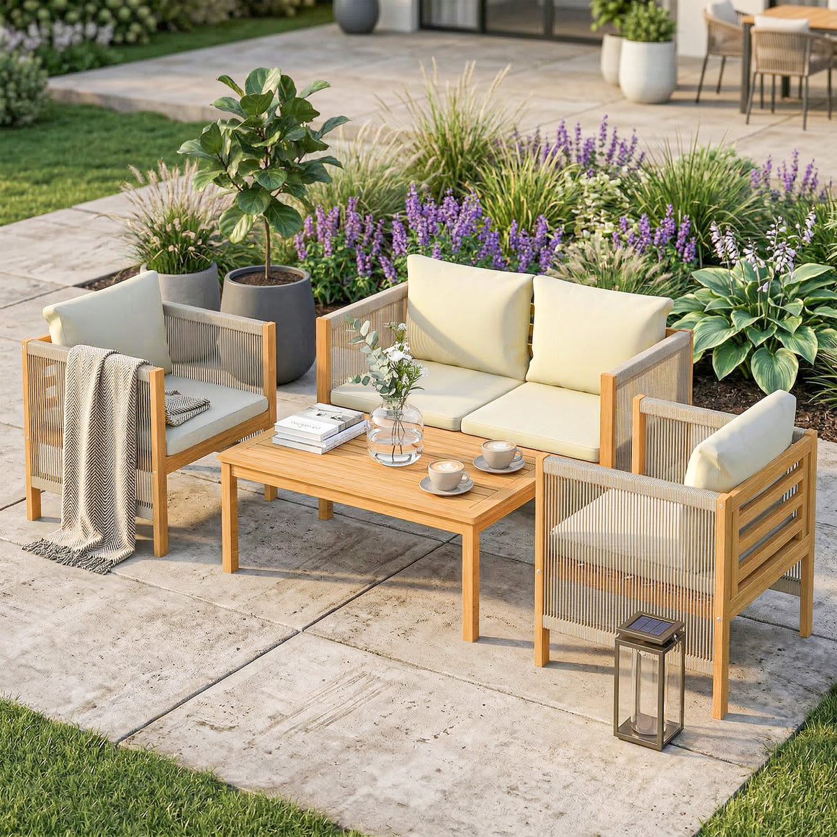 Gartenmöbel Set Holz Sitzgruppe für 4 Personen mit 2er Sofa 2 Sessel Tisch Seilflecht Lamellendesign waschbar Kissen
