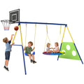 4-in-1 Kids Swing Set with Saucer Swing, Basketball Hoop and Football Goal, Outdoor Playground Playset for Garden