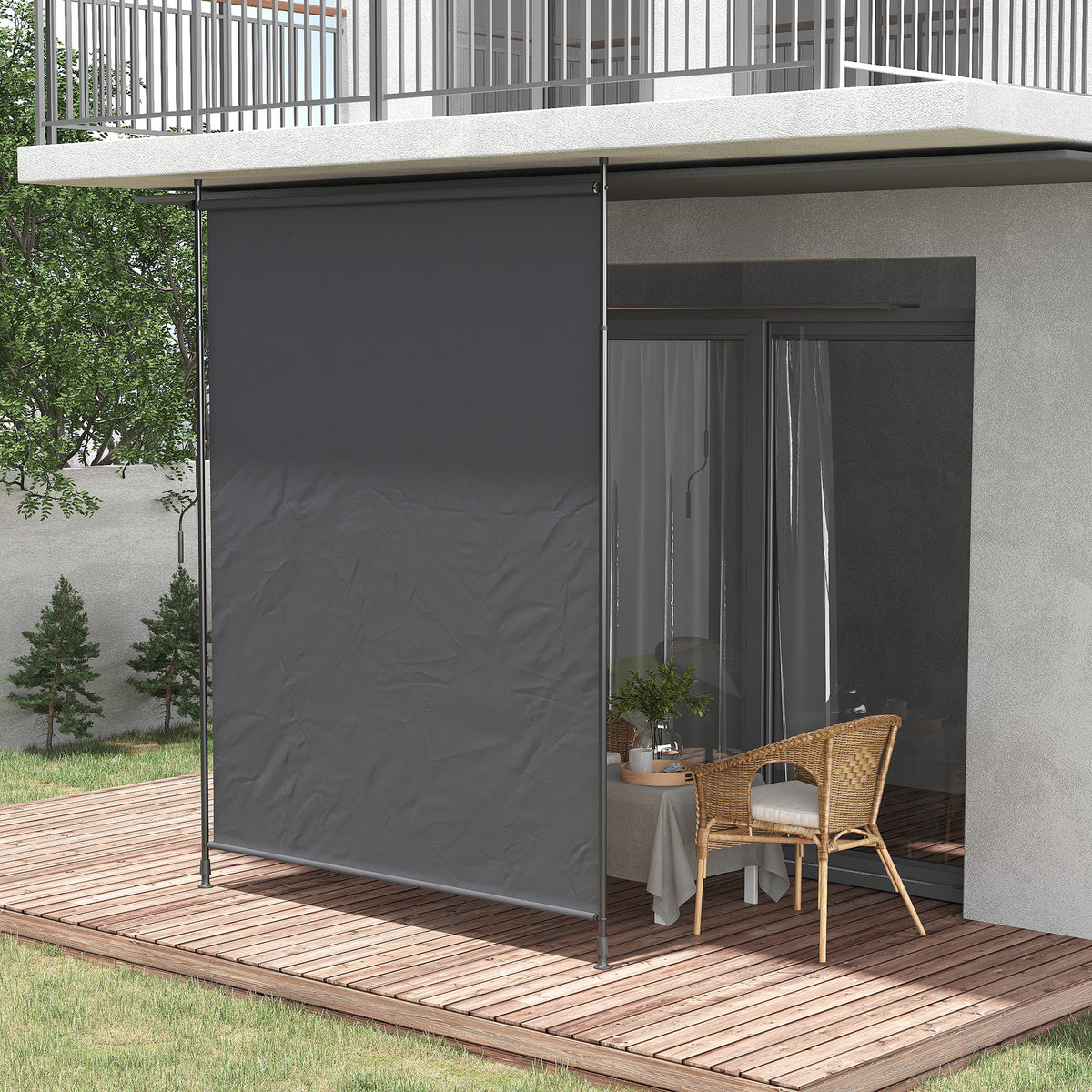 Seitenmarkise, Montage ohne Bohren, h?henverstellbar, mit Handkurbel, Metallrahmen, grau, 2 x 2,15-3,05 m