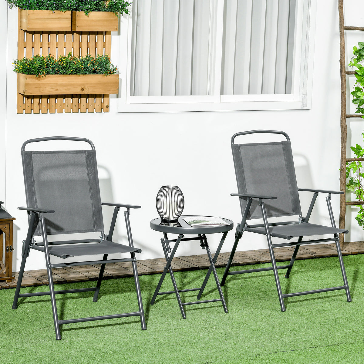 Three-Piece Garden Seat Set, with Glass-Top Table - Dark Grey