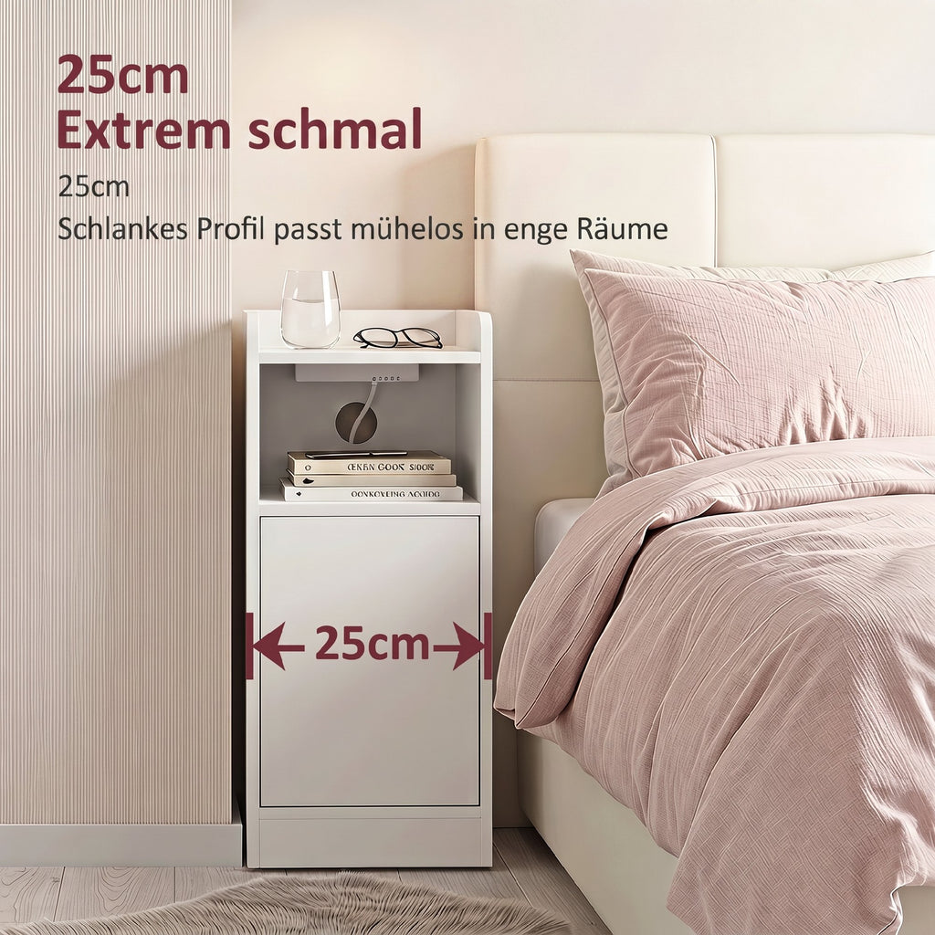 Nachttisch 2er-Set mit Ladestation, Schmaler Nachtschrank Weiß