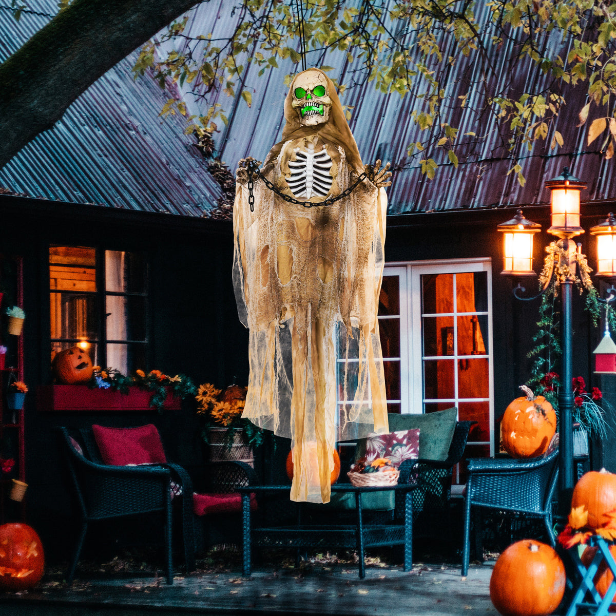6' Hanging Skeleton Ghost Halloween Animatronic, with Glowing Eyes and Chest