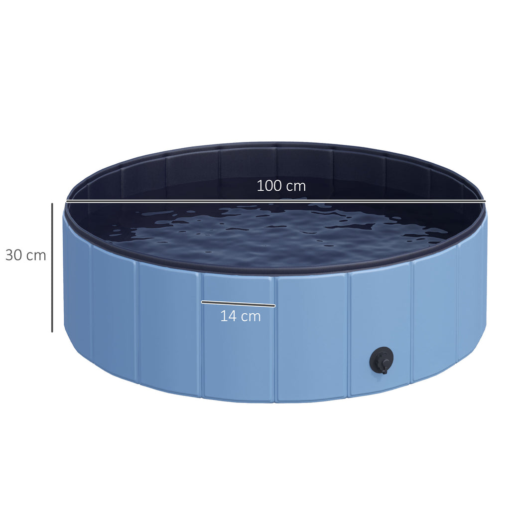  Dog Paddling Pool, Foldable Dog Pool, Leakproof & Hard Plastic, Portable Pet Bathtub with Non-Slip Base & Drainage Hole, for Indoors, Outdoors, Garden, Patio, 100 x 30 cm, Blue