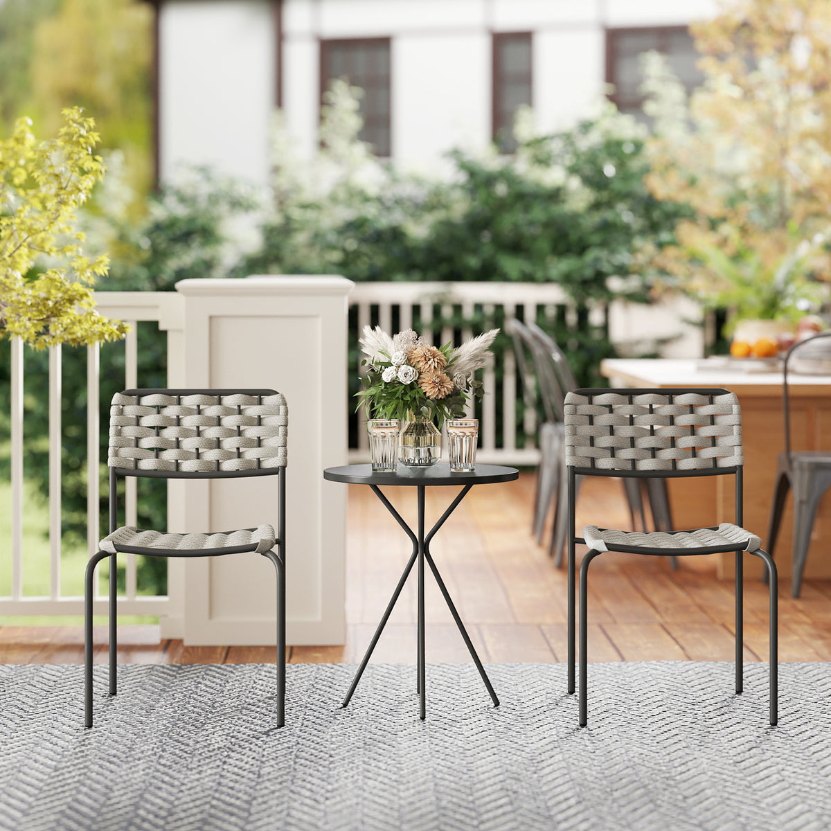 Polyrattan Gartenmöbel Set, Outdoor Lounge Balkonmöbel für 2 Personen, 3-teilig 2 Stühle, Tisch Grau