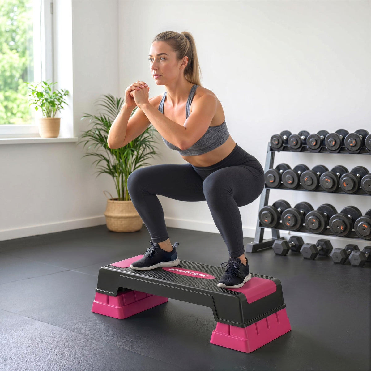 Steppbrett höhenverstellbar Fitness Aerobic Stepper mit 3 Stufen (12/17,5/22,5 cm), Anti-Rutsch-Matte Schwarz+Rosa