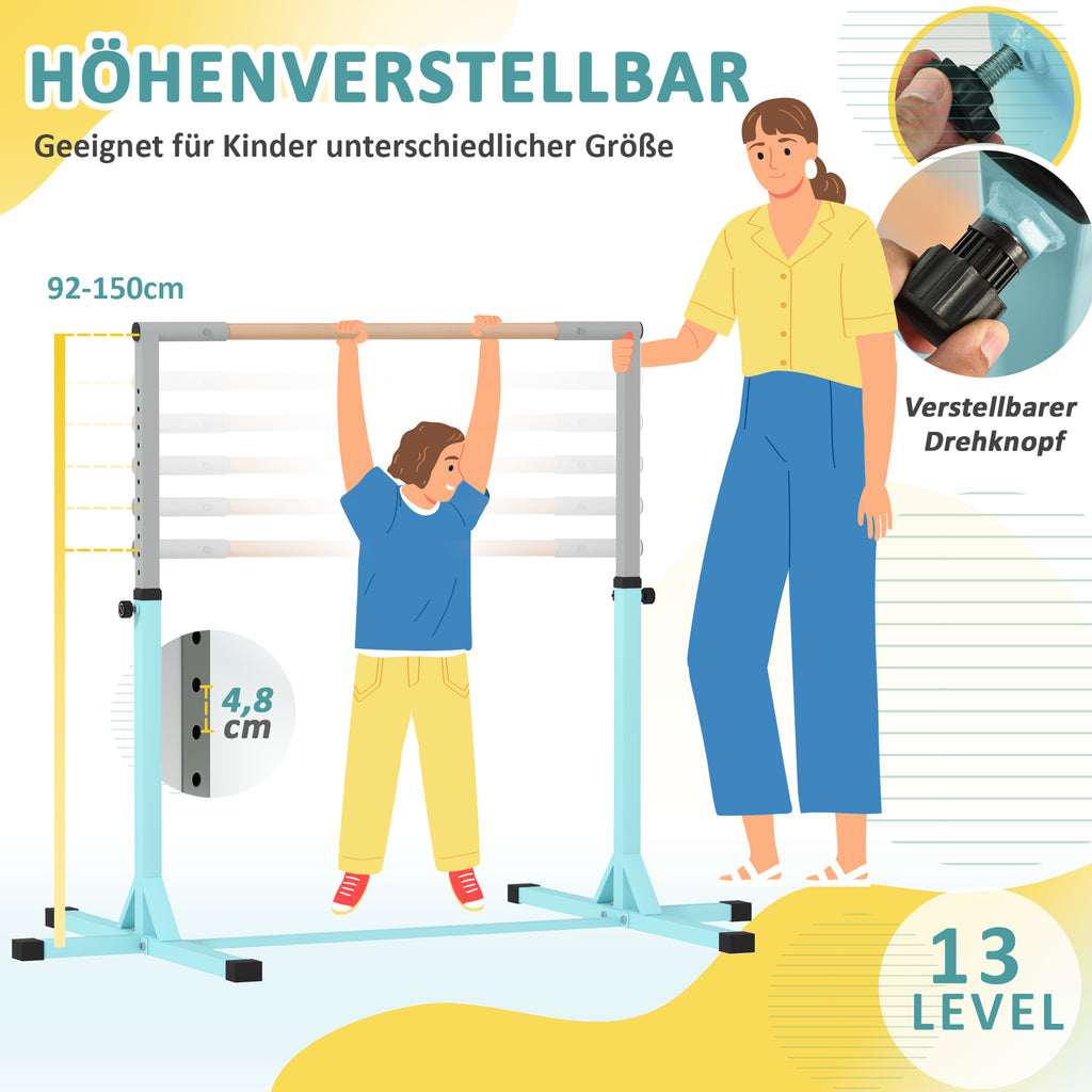 Height Adjustable Gymnastics Horizontal Bar for Kids, Children Junior Kip High Bar Fitness, Light Blue