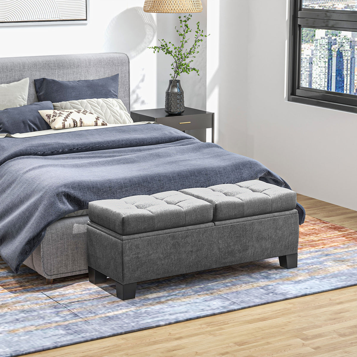 Sitzbank mit Stauraum, Polsterbank mit Leinenoptik, Gepolsterte Aufbewahrungsbox bis 180kg belastbar, f¨¹r Flur, Schlafzimmer, Wohnzimmer, 116x41x47 cm, Grau