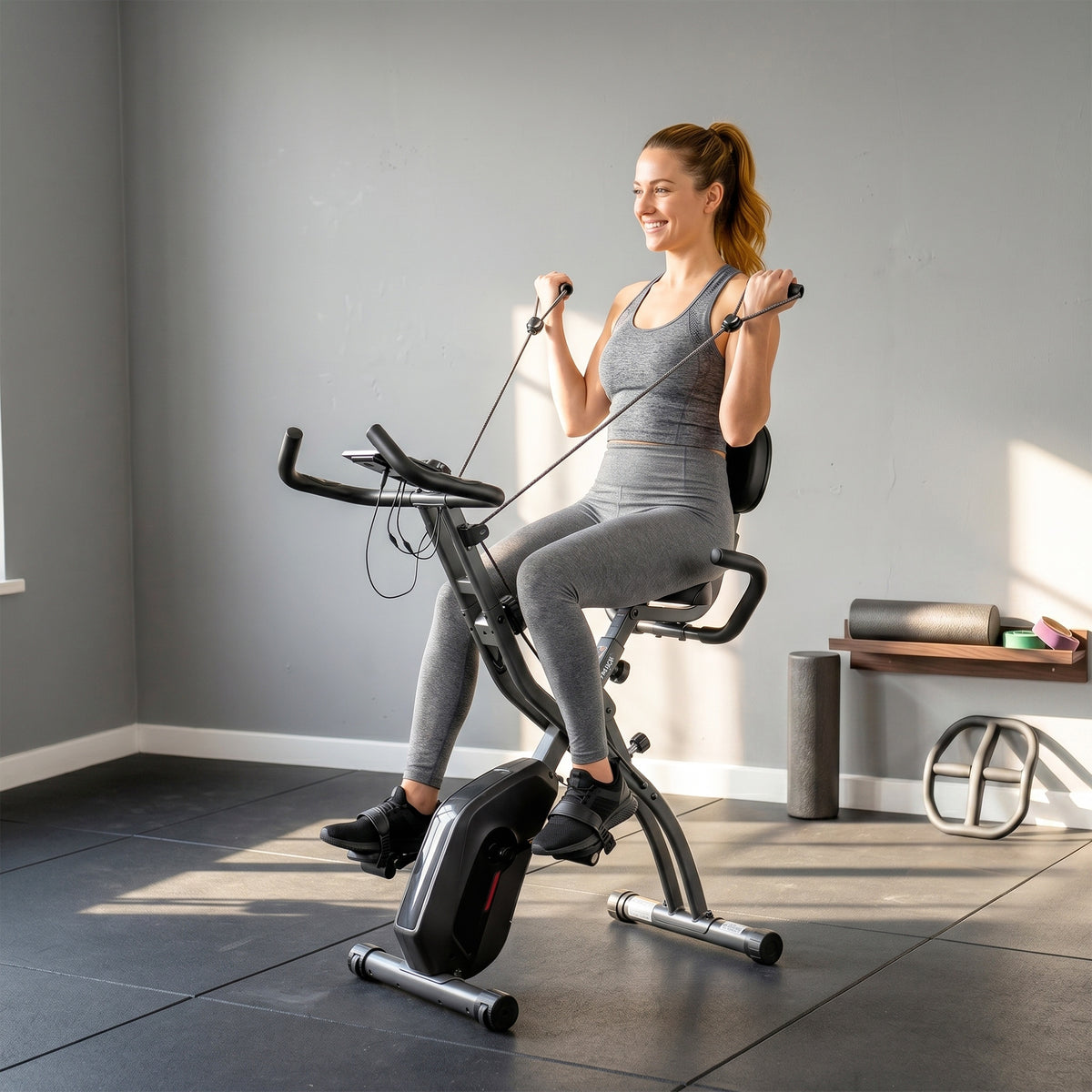 3-In-1 Folding Exercise Bike with Resistance Bands, Bluetooth App, 8-Level Magnetic Resistance, LCD Display, Black