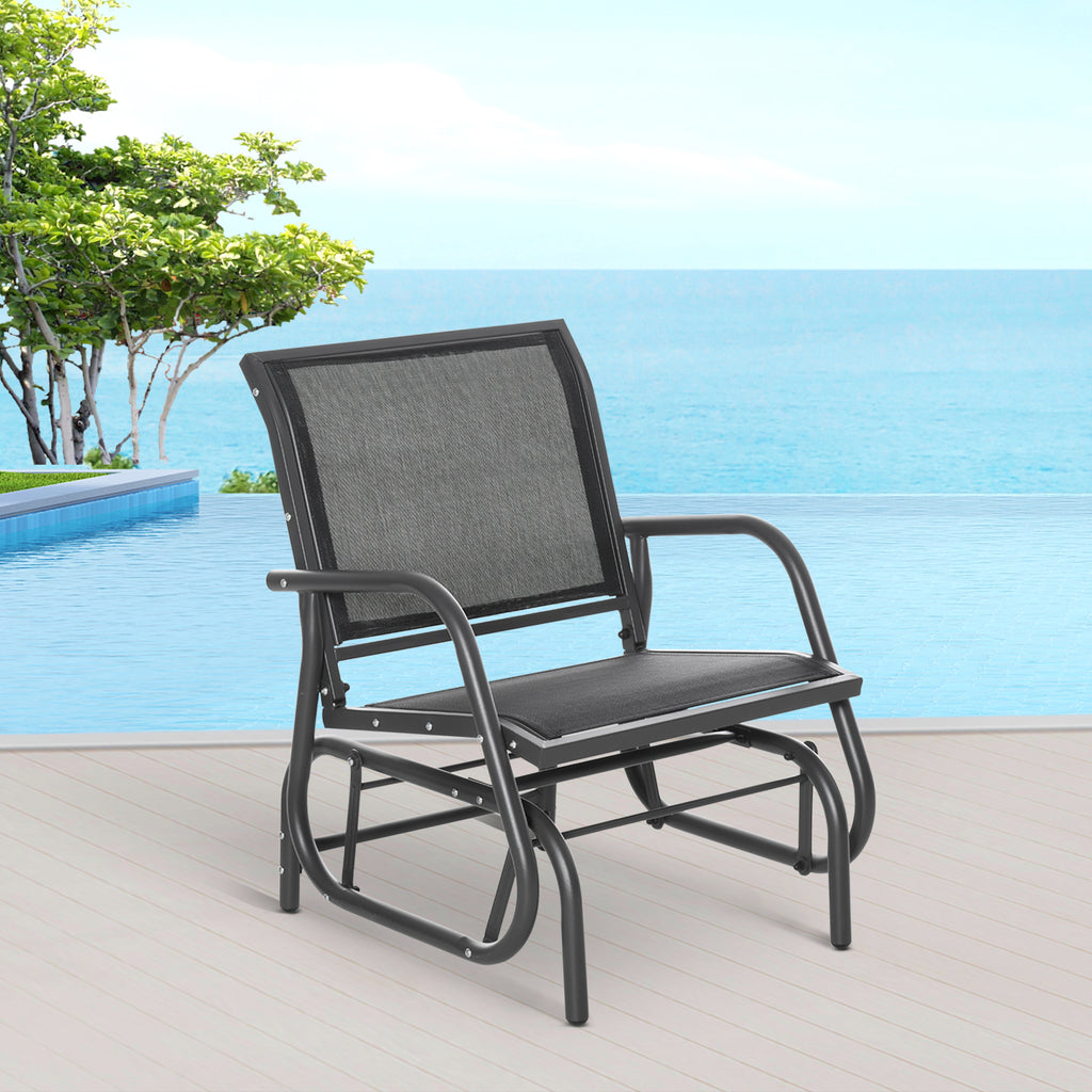 Outdoor Garden Glider Chair, Metal Frame Single Armchair Swing Seater w/ Breath Mesh Fabric Seat, Curved Backrest, Armrests, for Living Room, Patio, Porch, Dark Grey