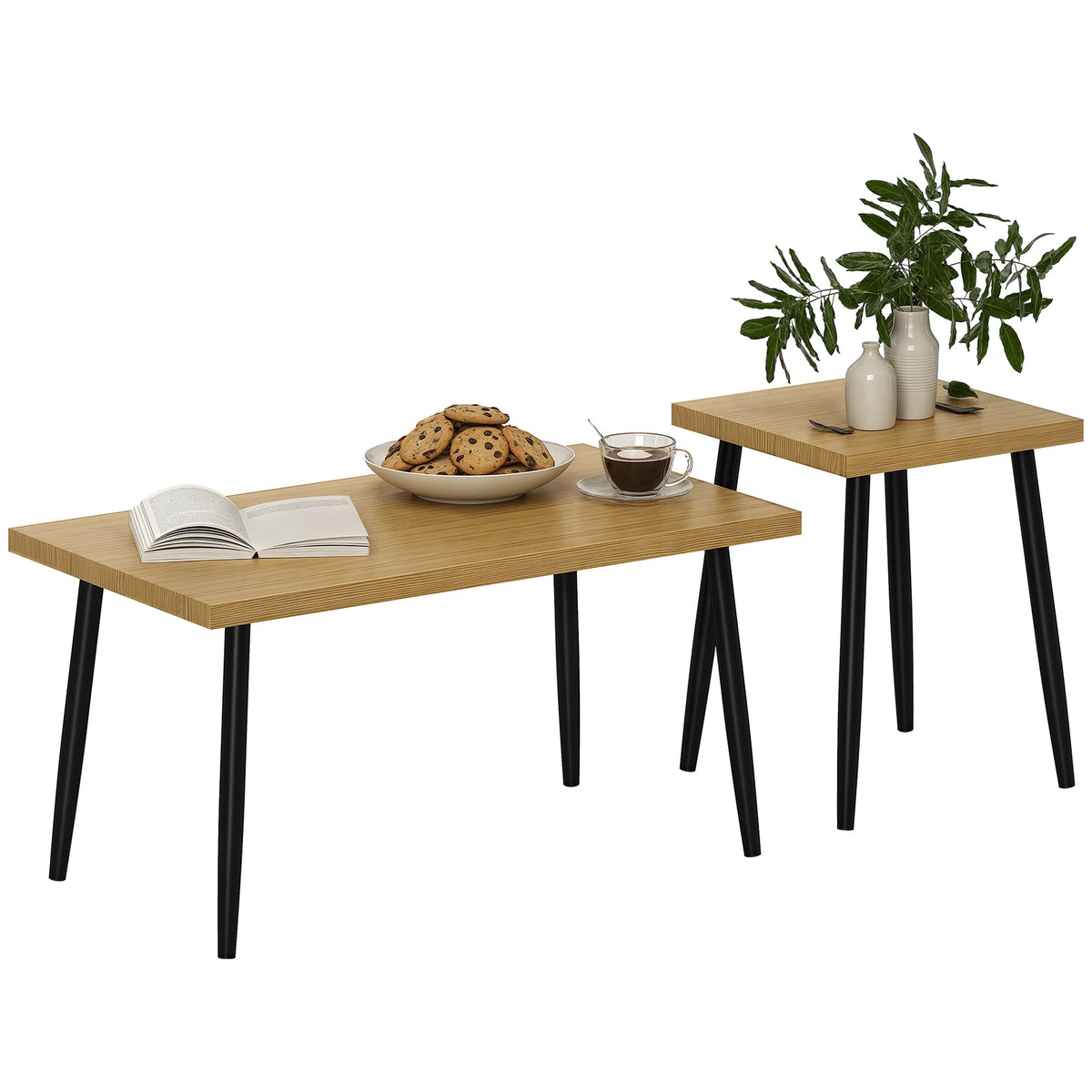 2er-Set Kaffeetische, Gro?er und kleiner Tisch mit Metallrahmen und Holzplatte, Flexible Couchtische, Naturholz