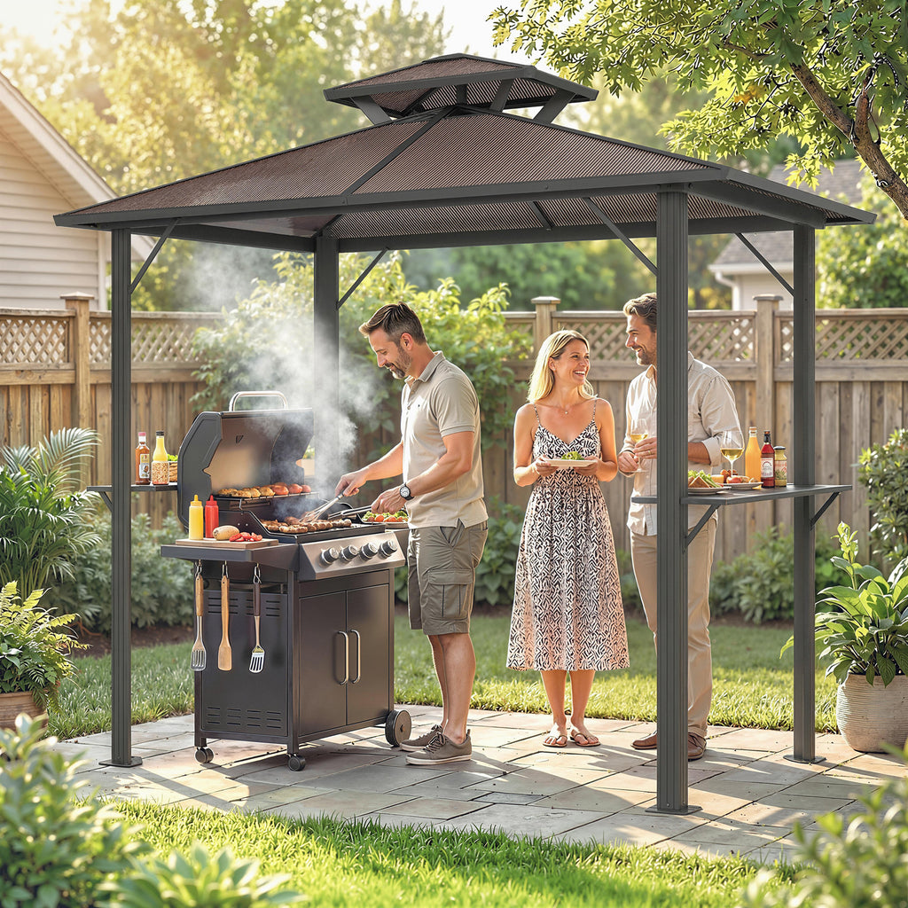 2.5 x 1.5 m Hardtop Grill Gazebo with Double Roof, Aluminium Outdoor BBQ Gazebo Shelter with 2 Side Shelves, Brown