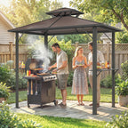 2.5 x 1.5 m Hardtop Grill Gazebo with Double Roof, Aluminium Outdoor BBQ Gazebo Shelter with 2 Side Shelves, Brown