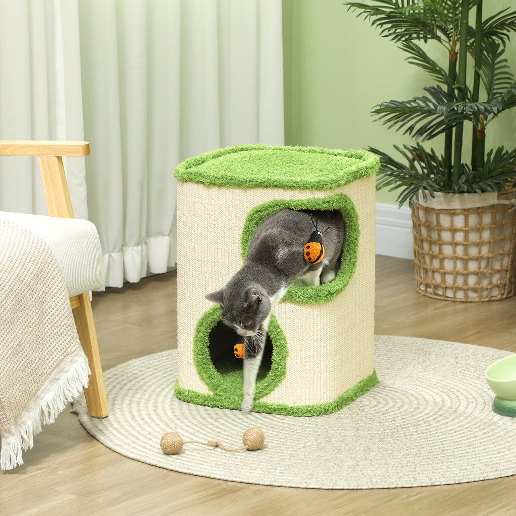Kratzturm, 52 cm, Katzenhöhle mit Plüsch, Kratzfläche, Spielzeug, Grün/Cremeweiß