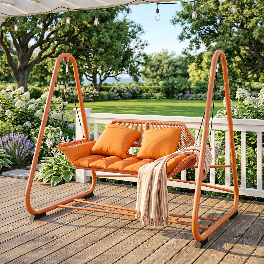 Hollywoodschaukel, Gartenschaukel mit Kissen, Gestell, für Garten, Balkon, 174 x 120 x 162 cm, Metall, Terrakotta