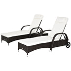 3er-Sonnenliegen-Set, 2x Gartenliege mit Beistelltisch, inkl. Liegeauflagen, Polyrattan, Braun+Cremeweiß