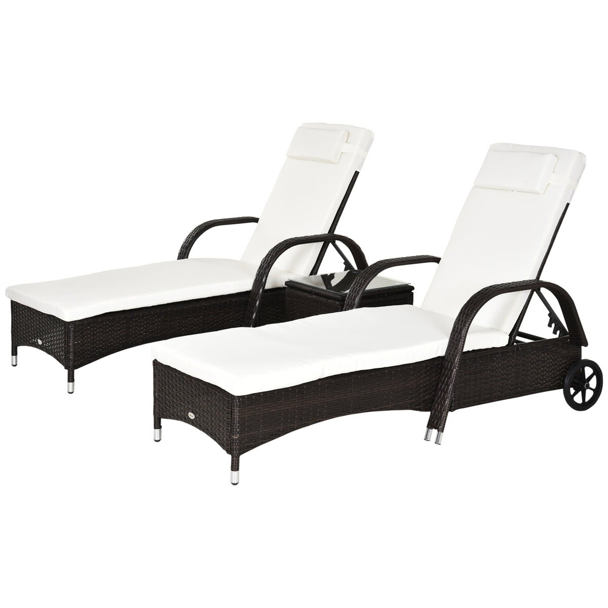 3er-Sonnenliegen-Set, 2x Gartenliege mit Beistelltisch, inkl. Liegeauflagen, Polyrattan, Braun+Cremeweiß