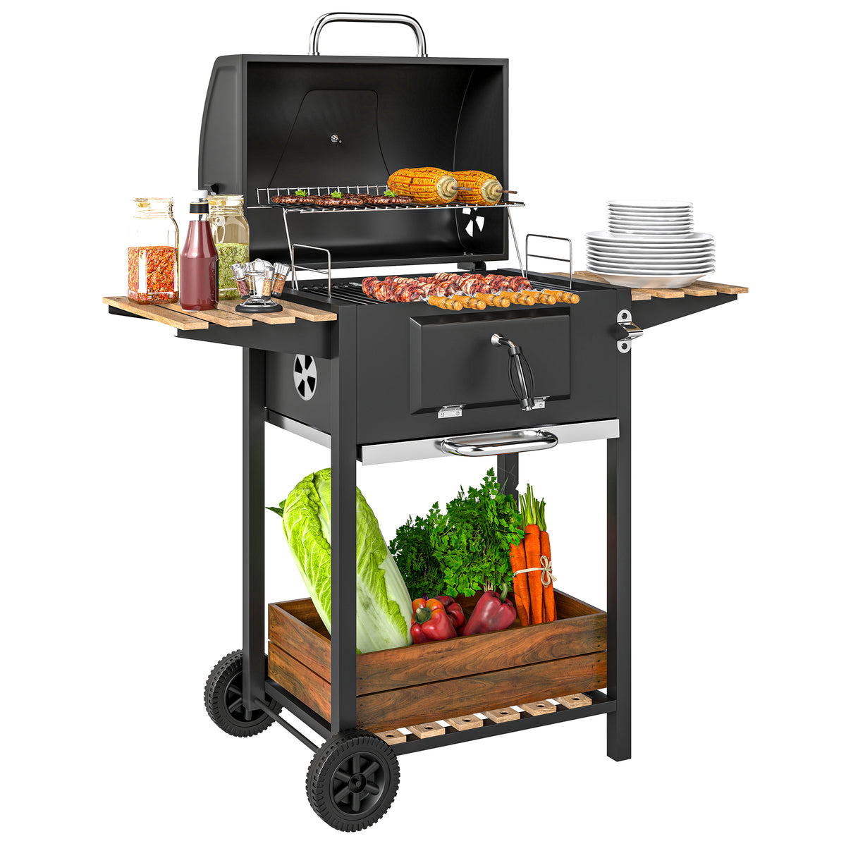 Holzkohlegrill, höhenverstellbare Kohlenpfanne, Grillwagen, Regale, Thermometer, Flaschenöffner, Stahl, Holz, Schwarz