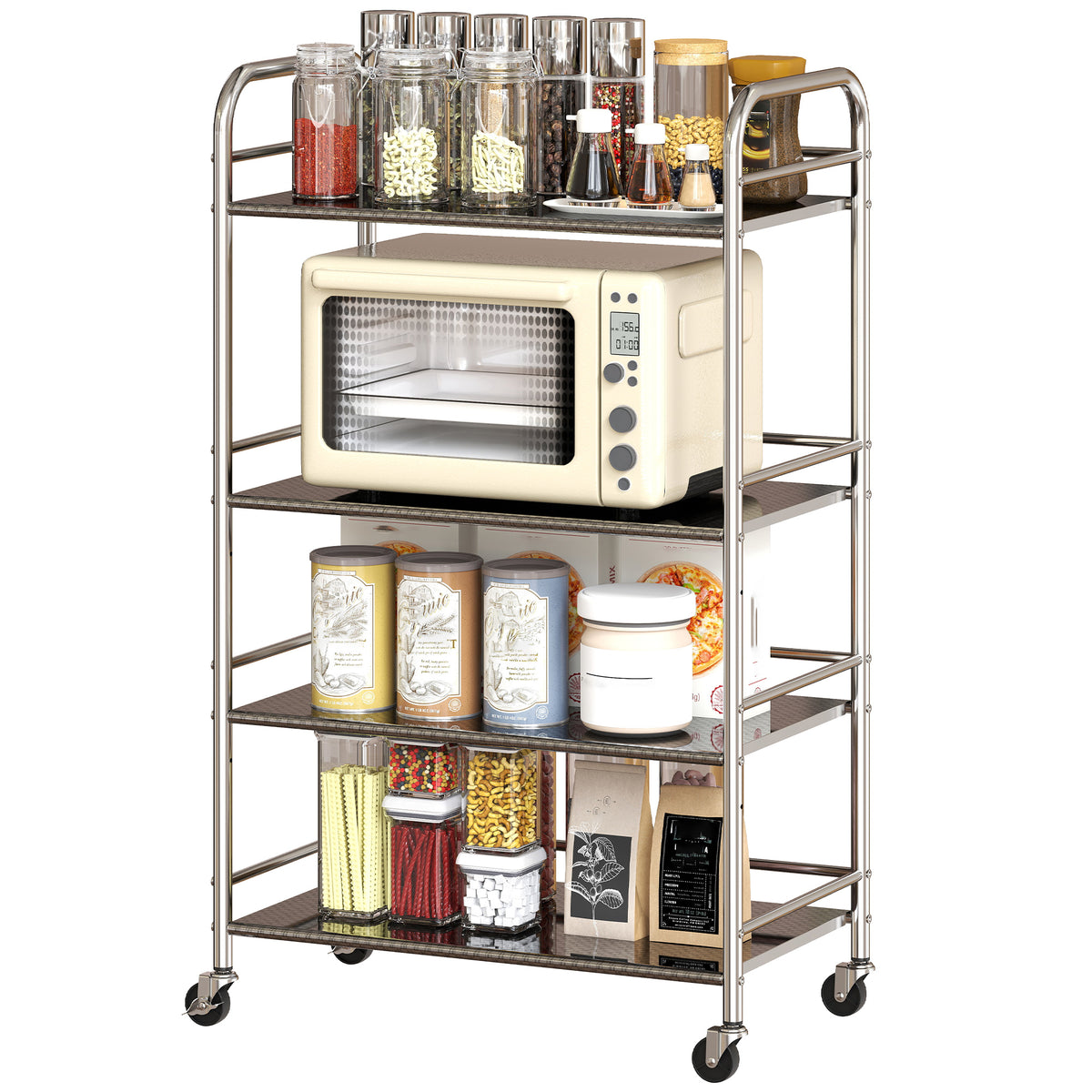 4 Tier Stainless Steel Kitchen Storage Trolley with Adjustable Shelves - Silver