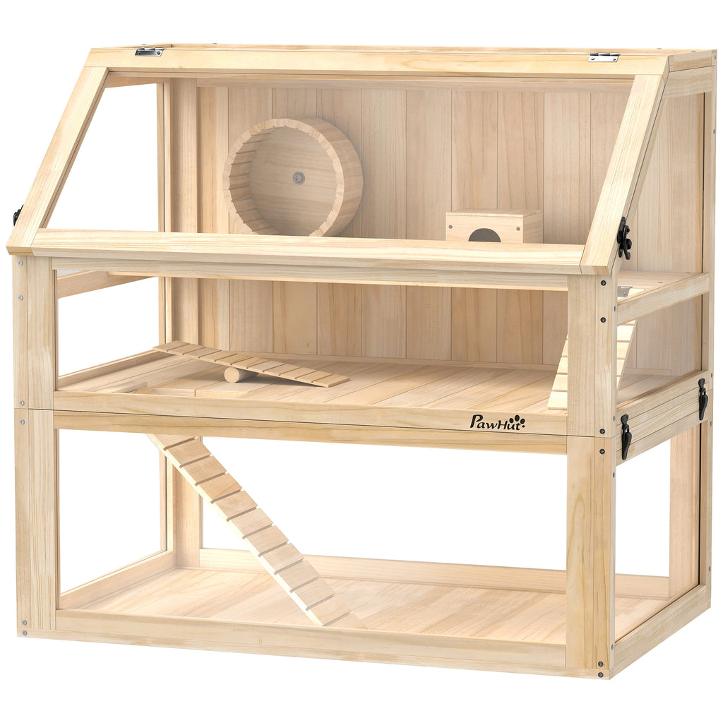 Wooden Hamster Cage with Detachable 31cm Deep Bottom, Hut, Seesaw, Exercise Wheel, Ramp, 80 x 50 x 76cm, Natural