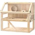 Wooden Hamster Cage with Detachable 31cm Deep Bottom, Hut, Seesaw, Exercise Wheel, Ramp, 80 x 50 x 76cm, Natural