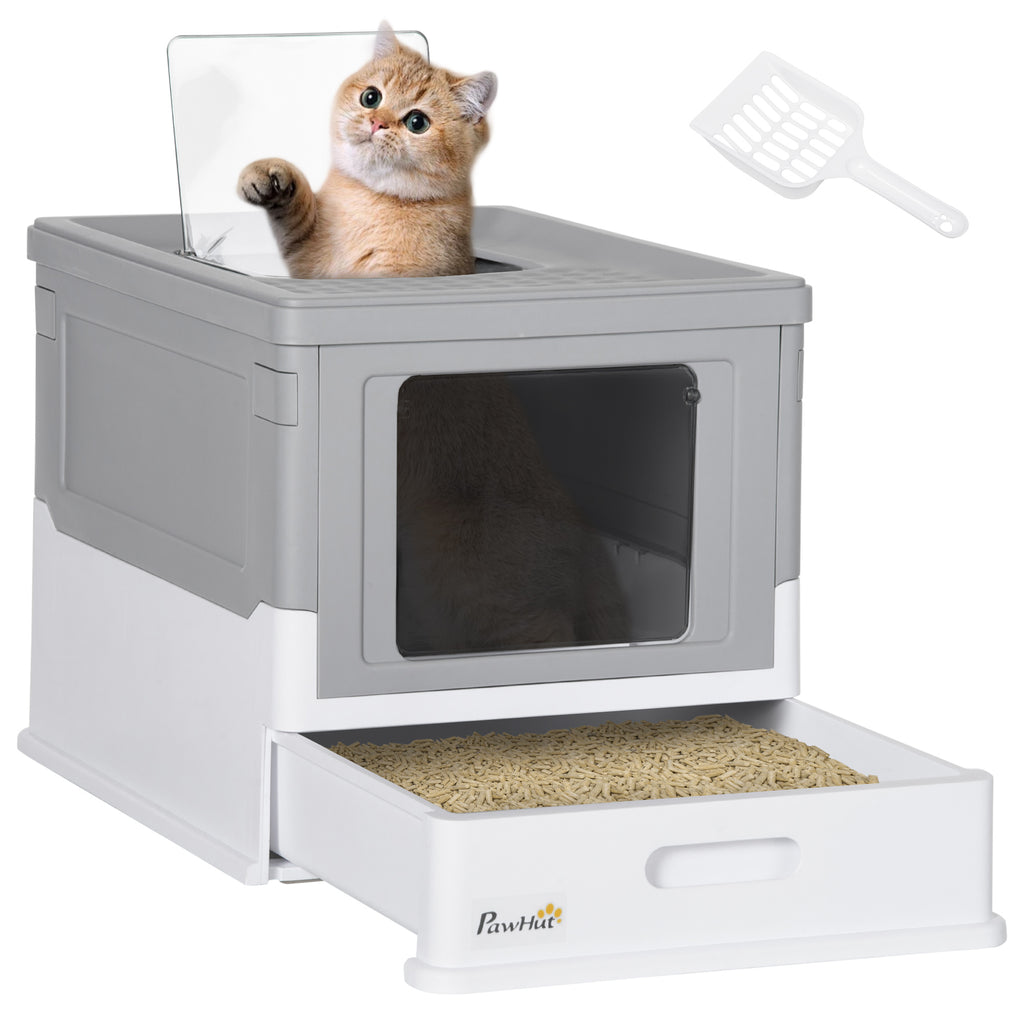 Hooded Cat Litter Box, Portable Pet Toilet, with Scoop, Front Entry - Grey
