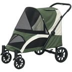 Foldable Pet Stroller for Medium Dogs with Four Big Wheels, Shock-Absorbing Frame, Safety Leashes, Brakes, Dark Green