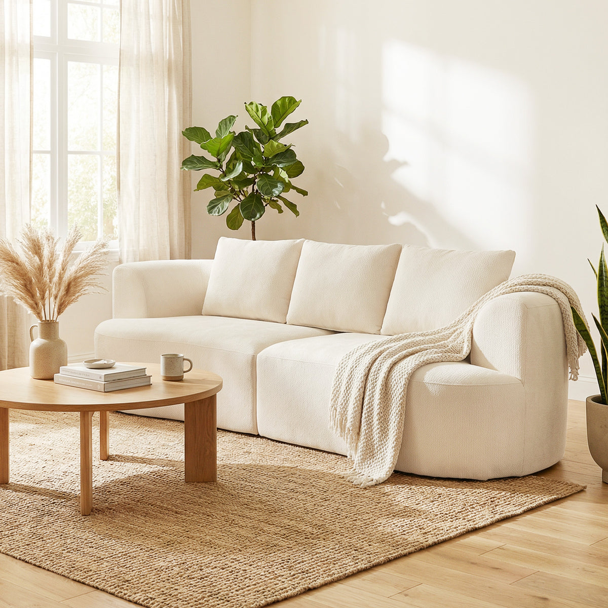 3-Sitzer-Sofa, 260 cm Chenille-Sofa mit breiter Sitzfläche, Federkernpolsterung, hochdichtem Schaumstoff, 3 Kissen creme