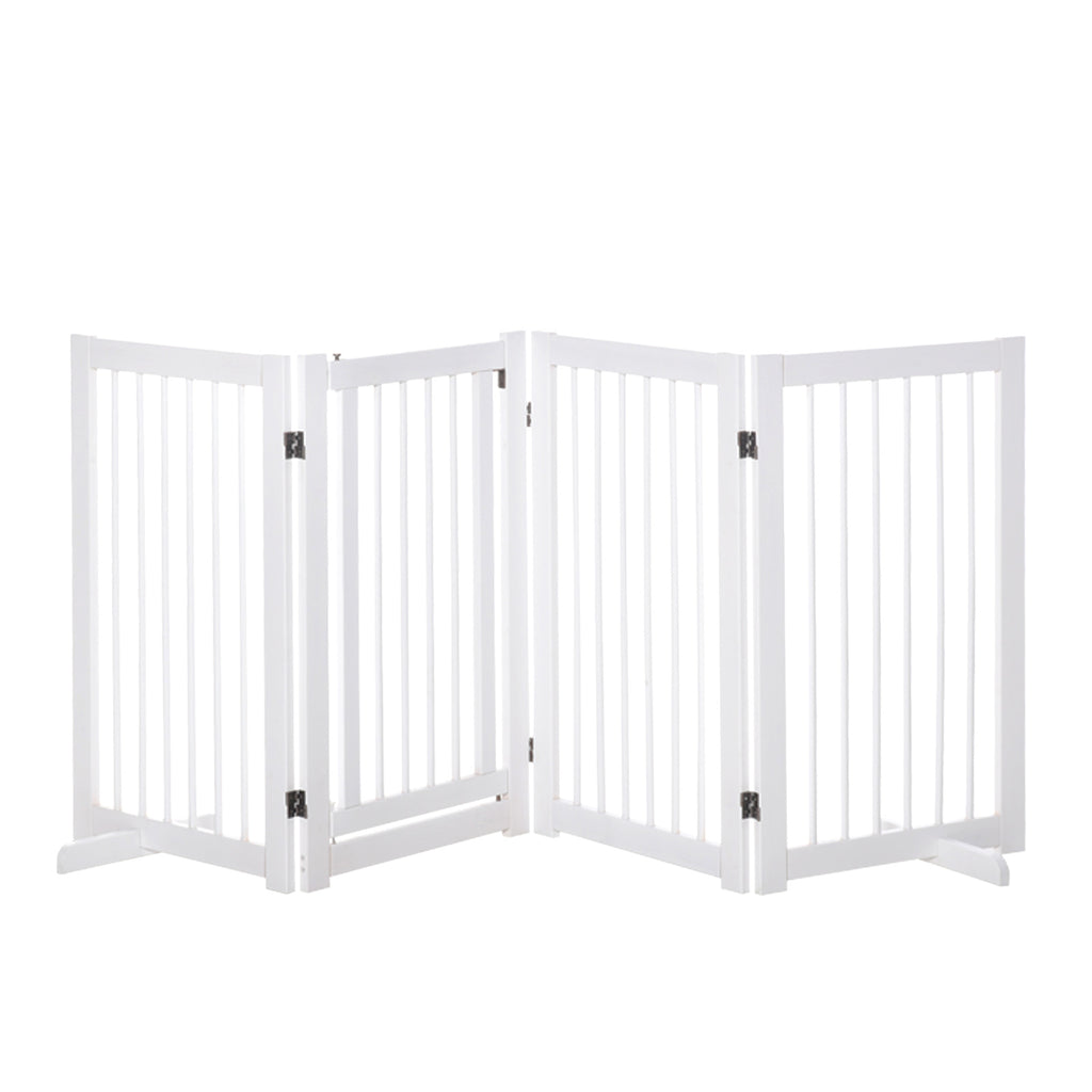 Freestanding Pet Gate 4 Panels Wooden Dog Safety Fence Foldable with Support Feet for Doorway Stairs 91cm Tall White