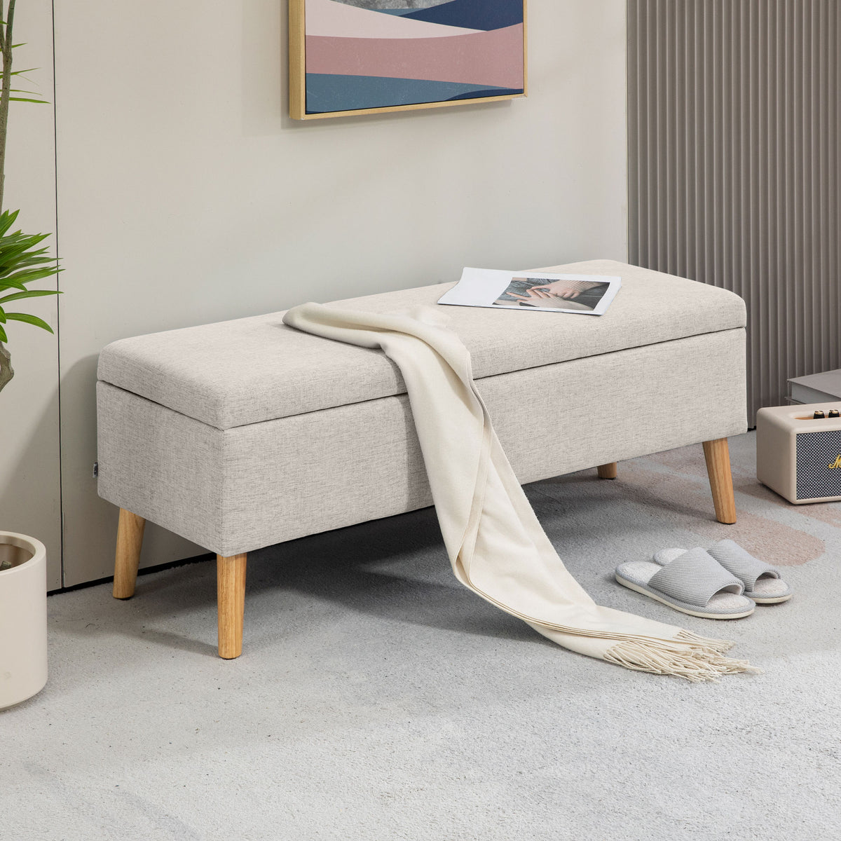 Sitzbank mit Stauraum, bis 220 kg, Leinenoptik, 110x39x45cm, Beige