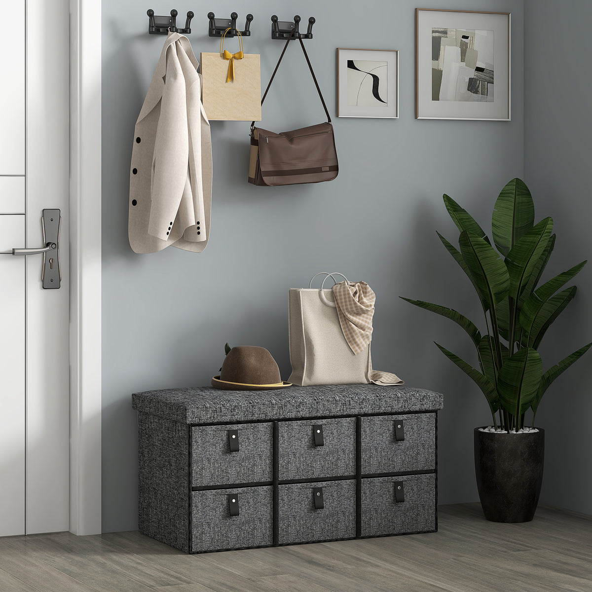 Six-Drawer Shoe Storage Bench, with Padded Top Seat - Dark Grey
