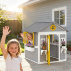 Spielhaus Wetterfestes Kinderspielhaus aus Holz mit Tür 6 Fenster 2 Blumenkästen 2 Blumenständern für 3-8 Jahre Grau
