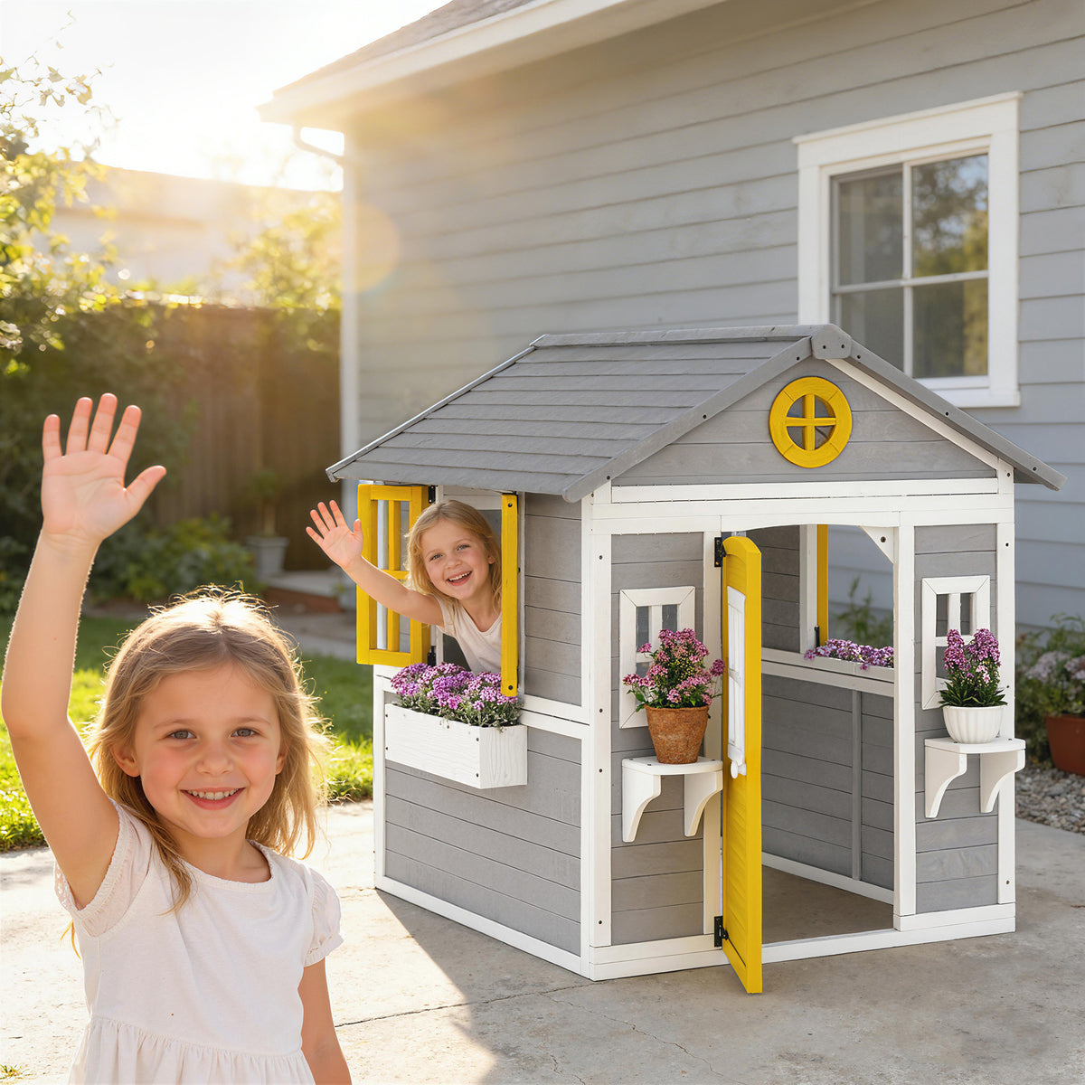 Spielhaus Wetterfestes Kinderspielhaus aus Holz mit Tür 6 Fenster 2 Blumenkästen 2 Blumenständern für 3-8 Jahre Grau