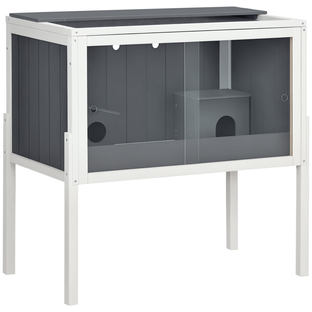 Wooden Hamster Cage for Dwarf Hamsters, Gerbils, Rutin Chicken, with Shelf, Two Huts - Grey