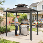 2.5 x 1.5 m Hardtop Grill Gazebo with Double Roof, Aluminium Outdoor BBQ Gazebo Shelter with 2 Side Shelves, Brown