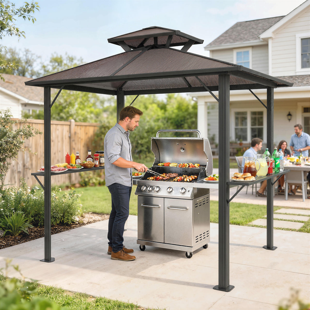 2.5 x 1.5 m Hardtop Grill Gazebo with Double Roof, Aluminium Outdoor BBQ Gazebo Shelter with 2 Side Shelves, Brown