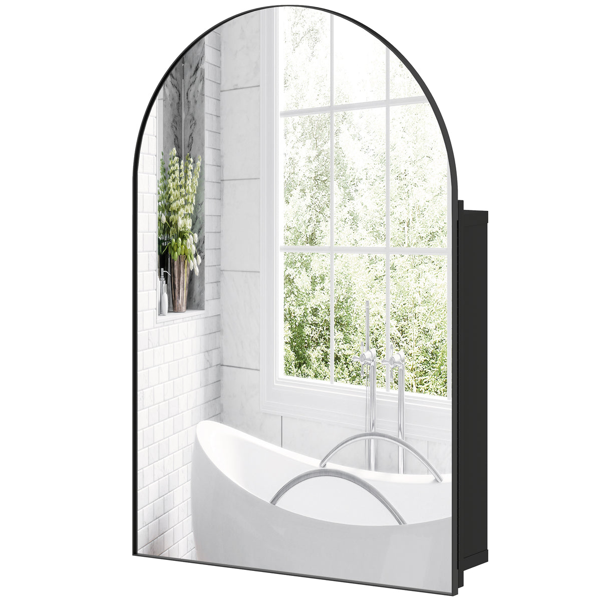 Bathroom Mirror Cabinet with Mirror, Arched Wall Mounted Bathroom Cabinet with Storage Shelves, Black