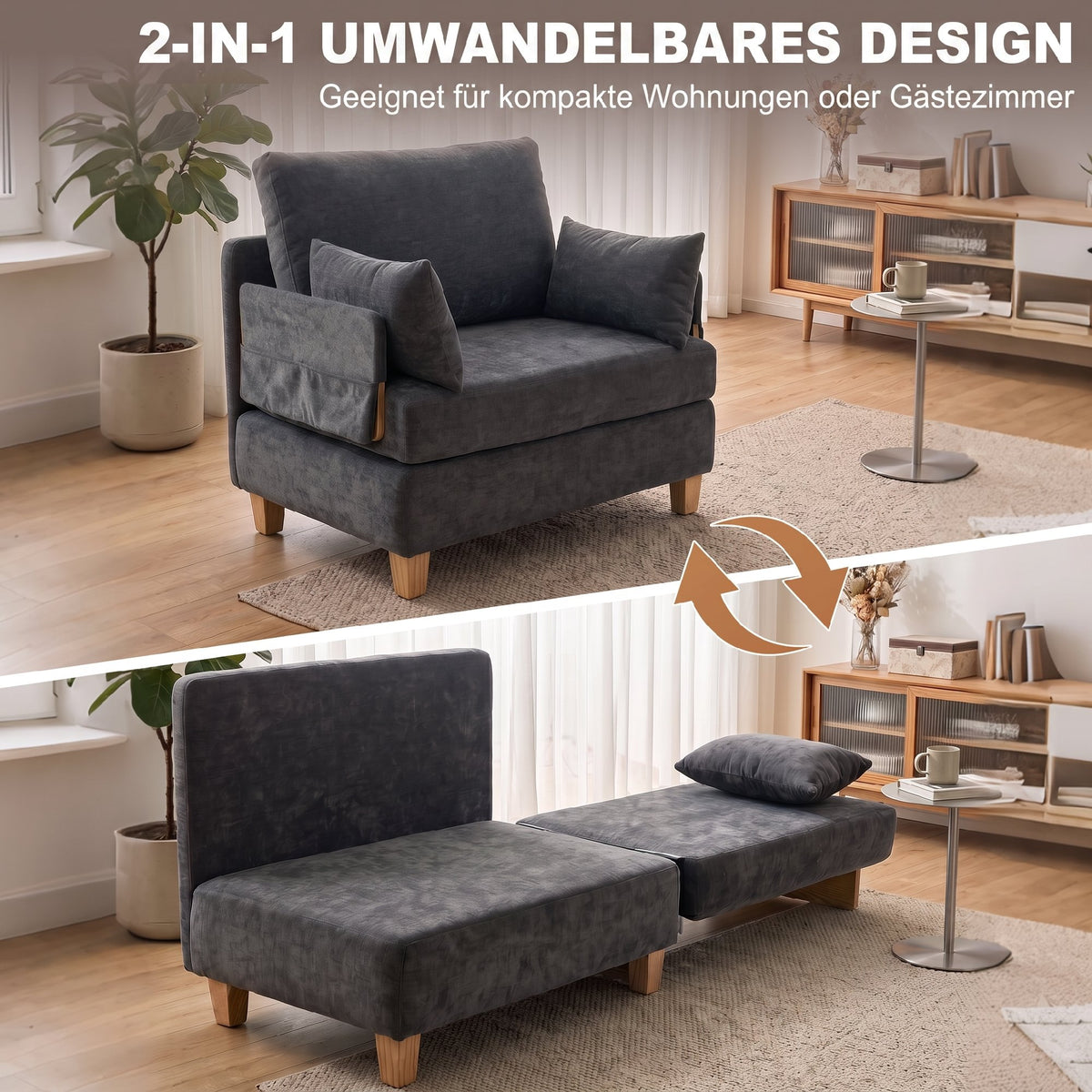 Schlafsessel 2-in-1 mit Bettfunktion 2 Kissen 183x57 cm Dunkelgrau