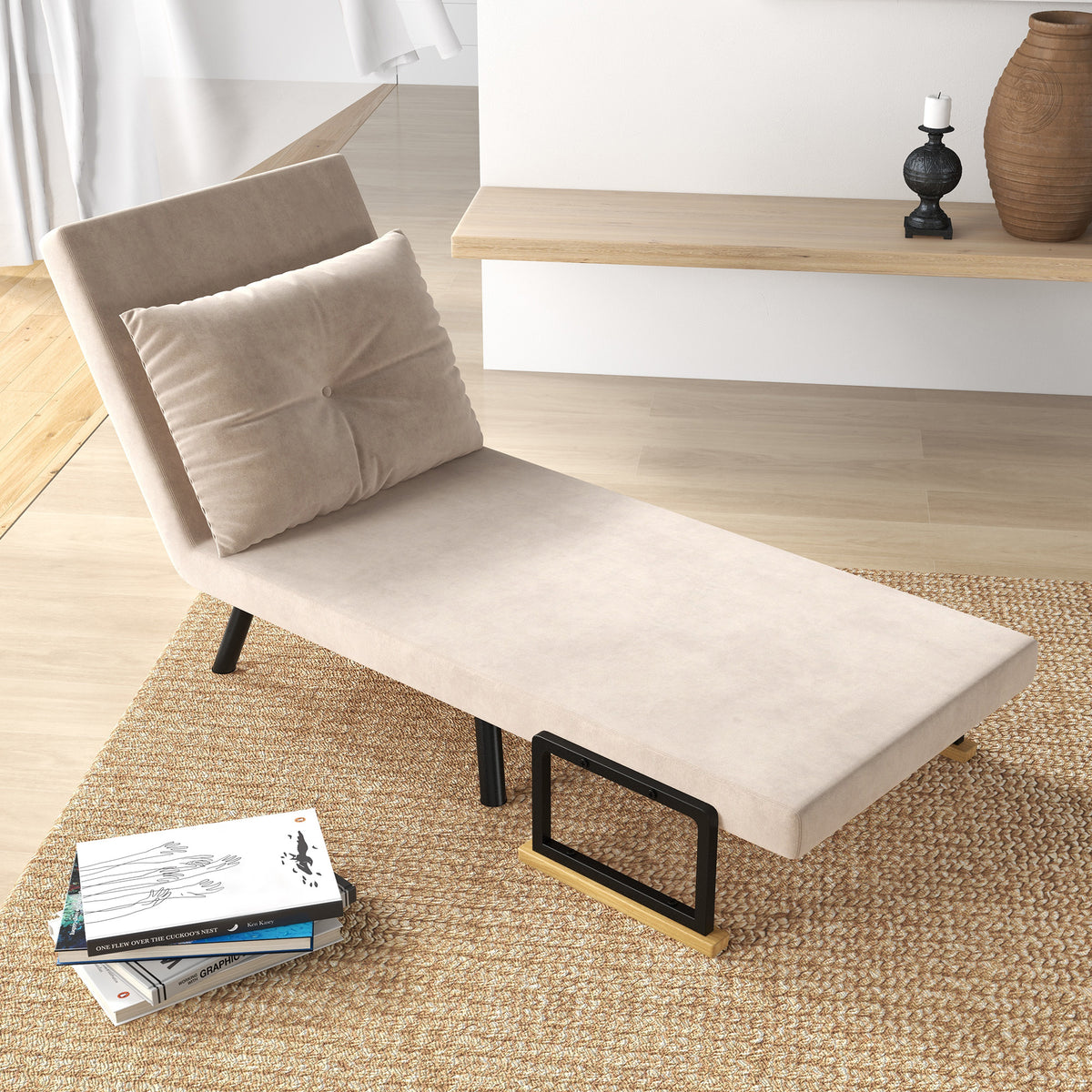 Relaxsessel im Skandidesign, Liegesessel, Lesesessel. ink. Kissen mit Knopfhefung, Schwarz + Natur