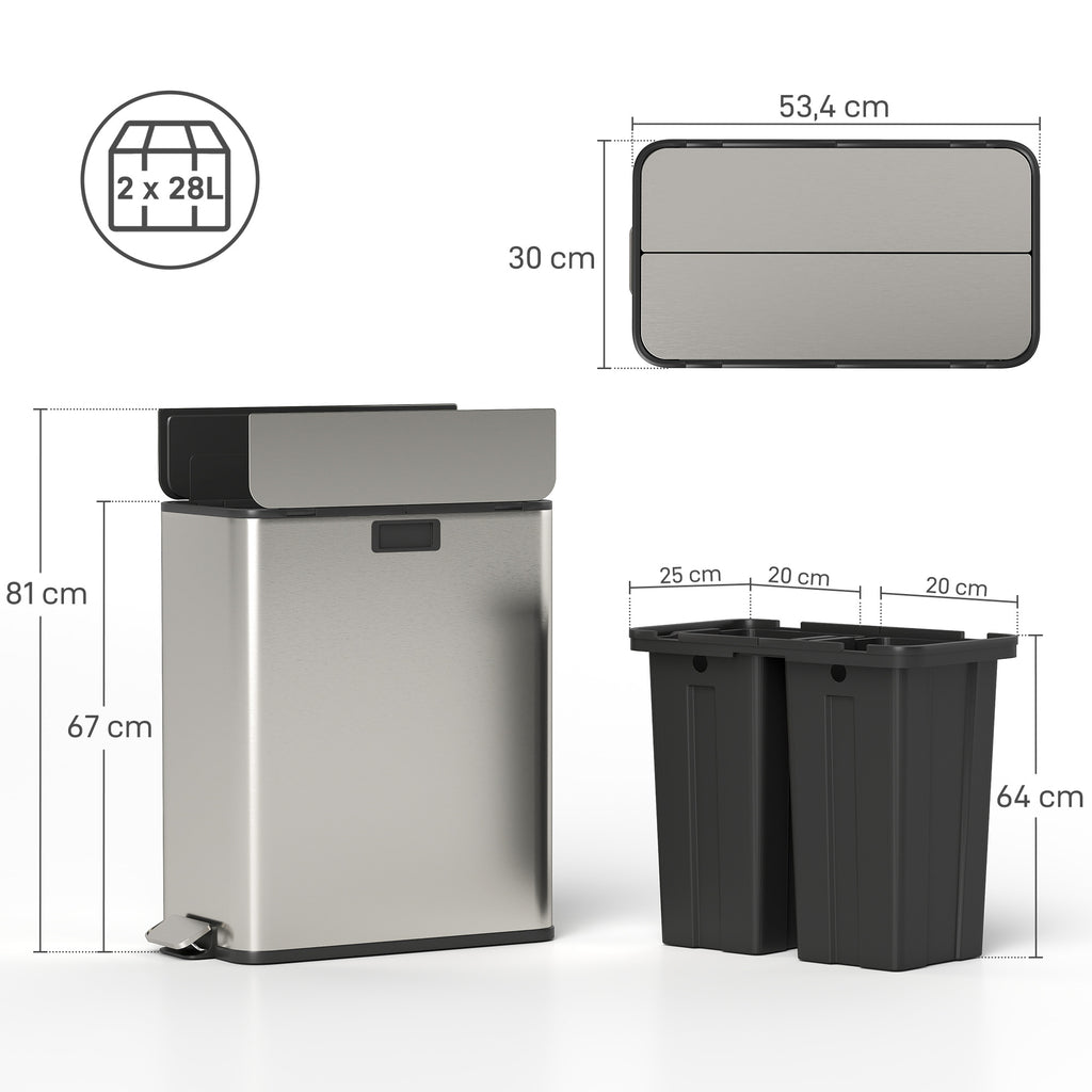 Dual Kitchen Bin with Soft-Close Butterfly Lid, 2 x 28L Stainless Steel Pedal Bin with Removable Inner Buckets, Fingerprint-Proof for Recycling and Waste, Silver Tone